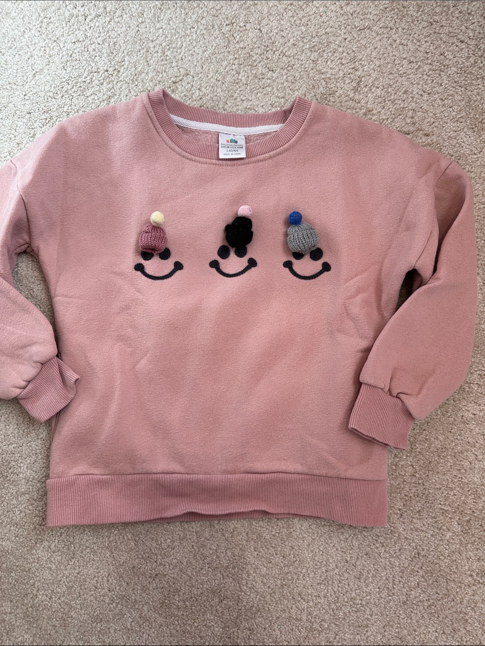 Pink Crewneck Sweatshirt with Smile Motifs and Raised Beanies (sz 130, 7-8 yrs)